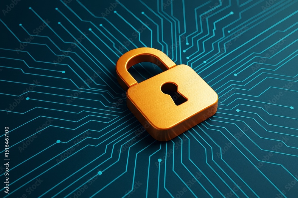 Poster Golden lock on digital circuit board background symbolizing abstract cybersecurity and data protection in modern light graphic concept.