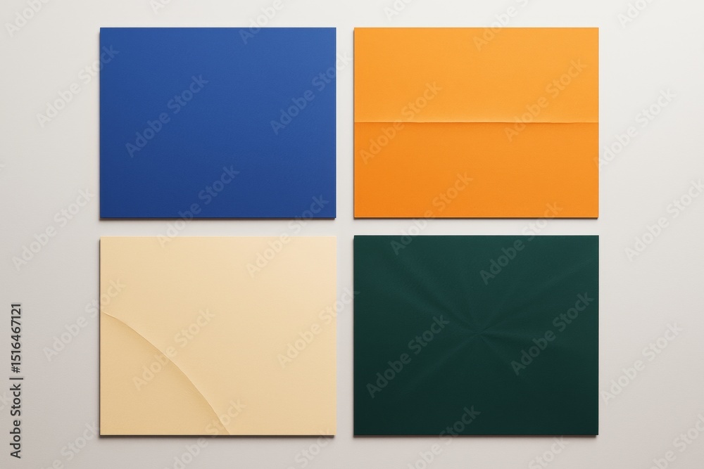Poster Four colorful square sheets with minimal textures arranged in grid on neutral background, highlighting abstract graphic design concept with soft light.