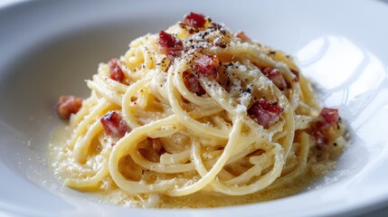 Delicious creamy spaghetti pasta dish with crispy bacon bits topped with grated cheese served on a white plate suitable for Italian cuisine or comfort food meals