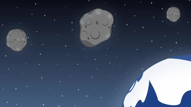 Animation showing asteroids drifting through space above Earth. Animated video suitable to celebrate international asteroid day june 29. copyspace for tittle or message 