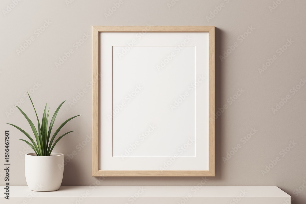 Poster minimalist wooden frame mockup with blank space and potted plant on light background for design, bra