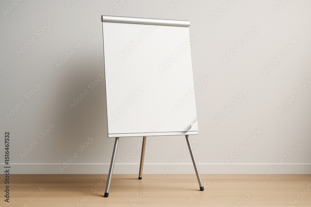 Aufkleber blank flip chart easel mockup standing in bright room with wooden floor and neutral wall background 