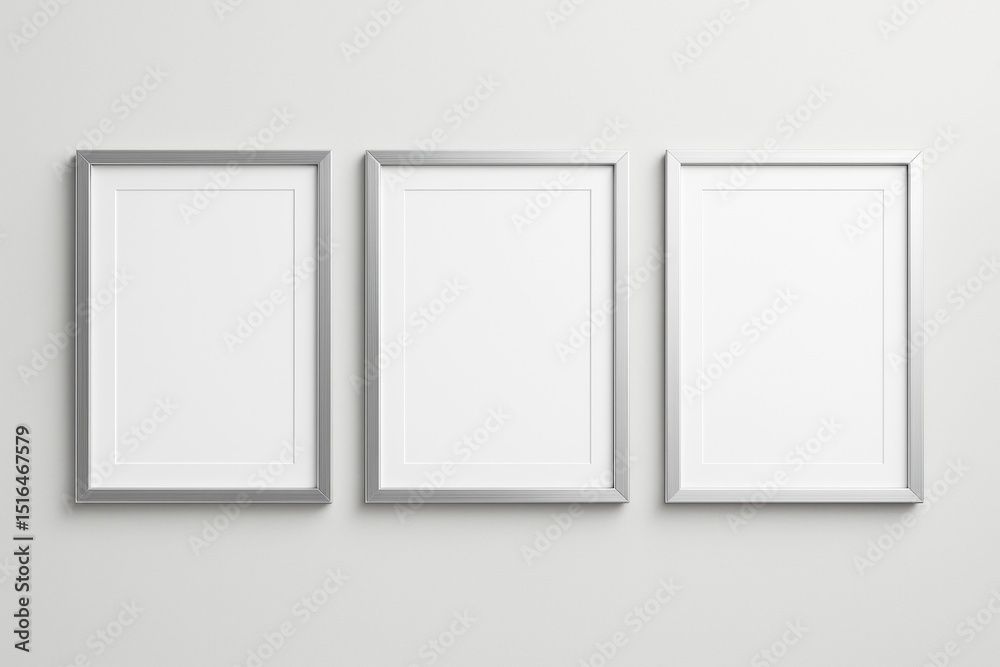 Poster three vertical silver photo frames on light wall background with blank space for mockup design, post