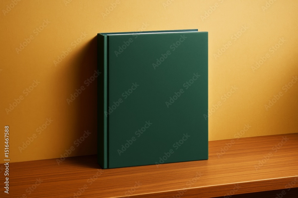 Poster green hardcover book standing upright on wooden surface with minimal background and blank cover for 