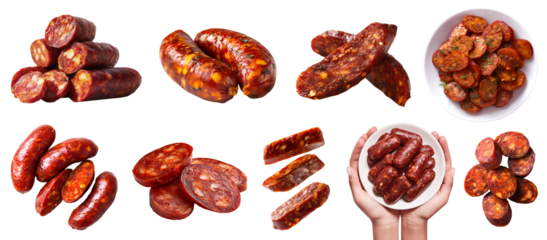 Set of Chorizo cured sausage fermented dried smoky spicy pork meat, plate, hand hold, sliced strips pile stack cut falling on transparent cutout PNG. Mockup template for design	
