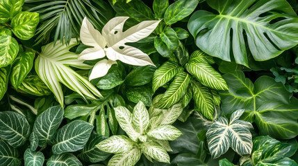Close-Up Studio Shot of White and Green Tropical Foliage with Lush Leaves and Natural Textures