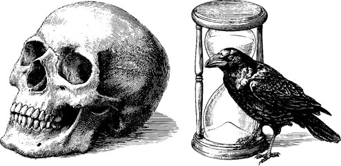Vintage engraved skull and hourglass with raven for memento mori and time concepts