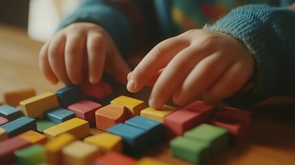 Naklejka premium A Montessori child uses colorful wooden blocks to learn colors, shapes, and sorting. The close-up shows small hands actively engaging with these educational toys