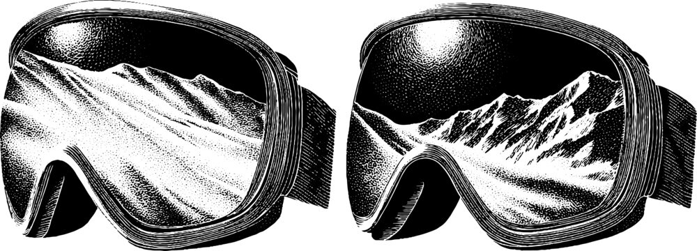 Engraved illustration of snowboarding and ski goggles with mountain reflection