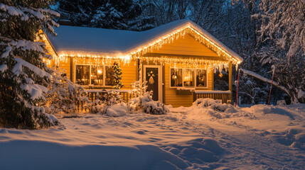 Cozy Snow-Covered Cottage Adorned with Bright Festive Lights on a Cold Winter Night