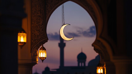 Crescent moon glowing in the twilight sky at dusk, marking the transition from day to night. Symbolizing the Islamic faith