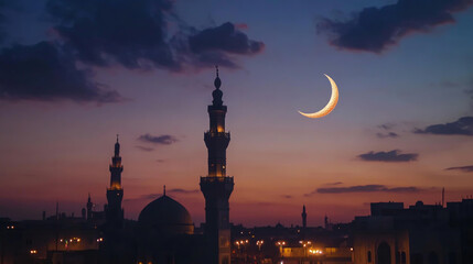 Crescent moon glowing in the twilight sky at dusk, marking the transition from day to night. Symbolizing the Islamic faith