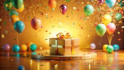 A celebratory golden gift box sits on a wooden pedestal surrounded by colorful balloons and shimmering confetti, creating a festive and joyful atmosphere.
