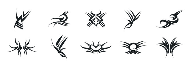 Tribal tattoo designs set. A collection of symmetrical black ink tribal patterns suitable for tattoos, decals, or graphic design. Tattoo tribal design vector illustration