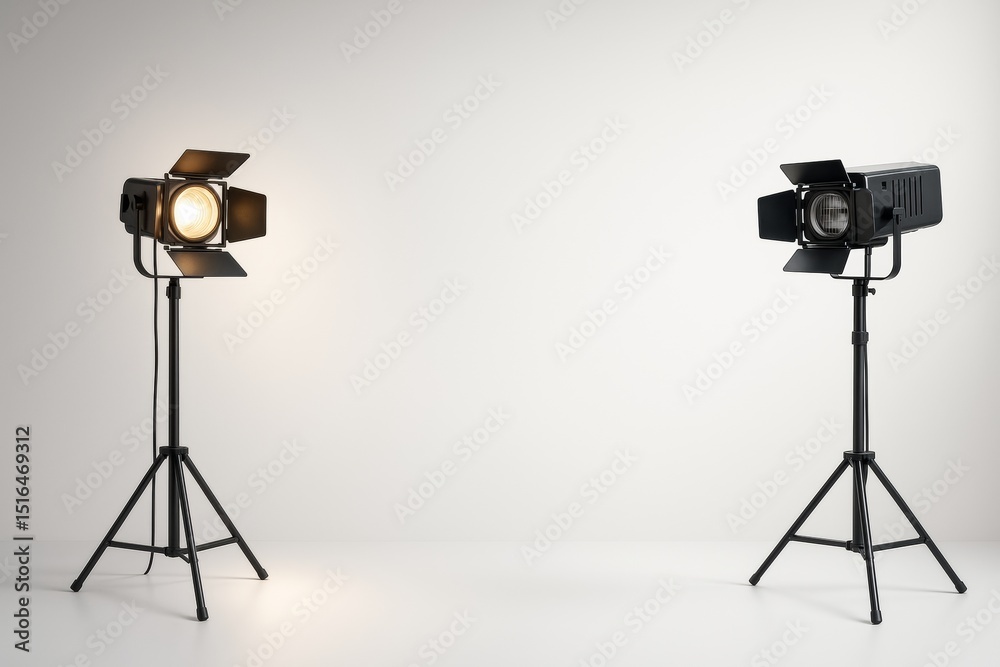 Poster Studio spotlights on tripods facing each other with one light turned on in minimal scene on white background. Ai generative.