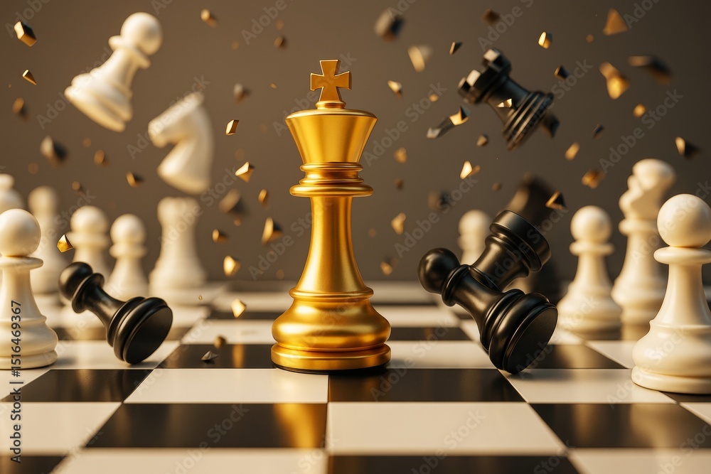 Poster golden chess king standing victorious among scattered pieces on board with abstract explosion effect