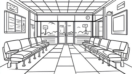 Interior view of a hospital waiting room.  Simple black and white line drawing