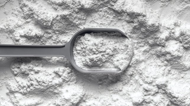 A scoop of creatine monohydrate rests on a background of the same powder, leaving space for your message.
 