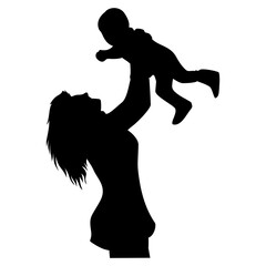 Black Silhouette of Woman Holding Up Baby on White Background