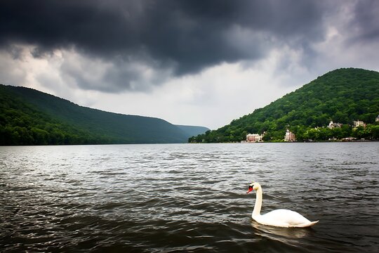 Swan swims lake landscape beneath storm