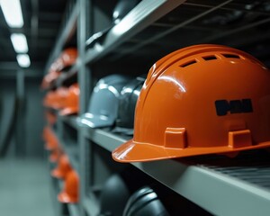 Construction helmets and safety gear neatly arranged on shelves in a factory locker room, with an orange helmet prominently displayed at the front.