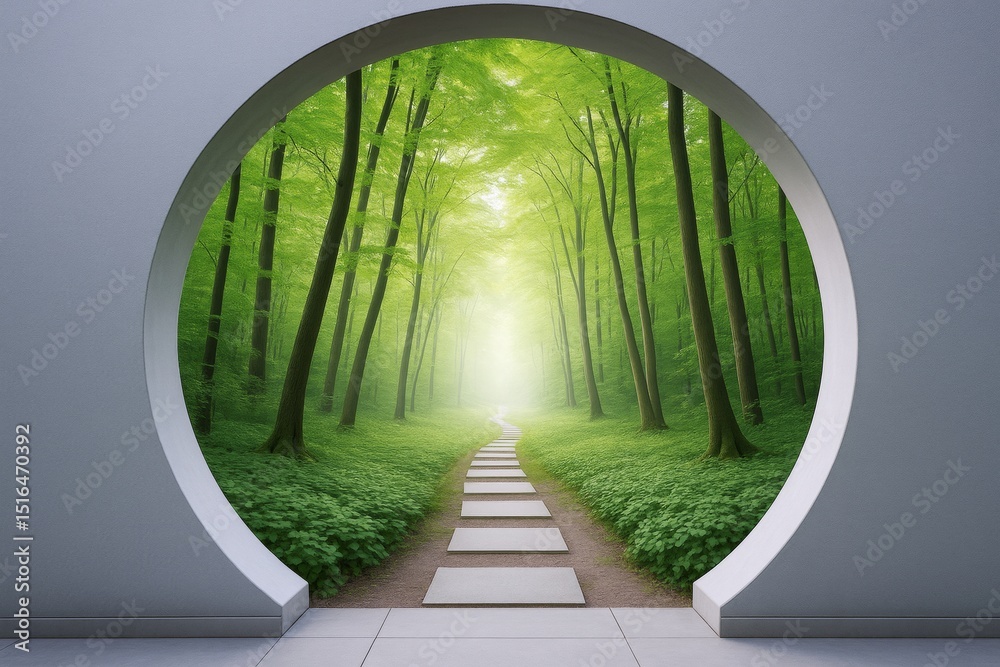 Poster surreal circular doorway opens to bright forest path with vibrant green trees and glowing light in b