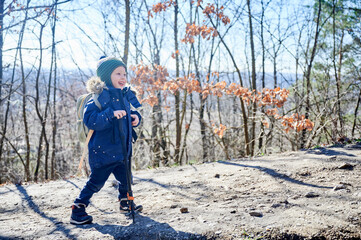 Young child smiling while hiking on forest trail, bundled up in blue winter jacket with fur-lined hood and green striped beanie. Kid holding two trekking poles and enjoying sunny day outdoors.