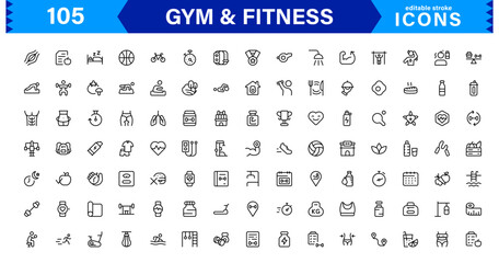 Modern Gym and Fitness Icons Showcasing Dumbbells, Muscles, Routines, Bodybuilding, and Active Lifestyle in an SEO-Optimized Vector Format