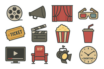 Cinematic icons set with film reel, popcorn, 3d glasses, and more on brown background
