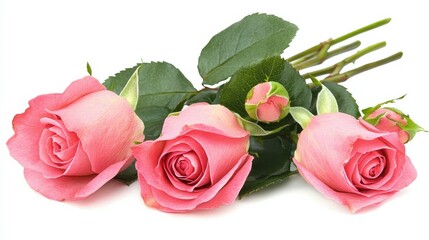 Naklejka premium Elegant Pink Roses Bouquet on Clean White Background - Blooming Florals in Soft Light, Detailed Petal Textures and Serene Mood