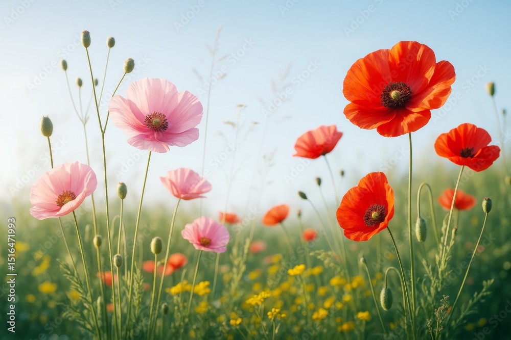 Aufkleber blooming pink and red poppies in a sunlit meadow with soft focus background and tall grass under a c