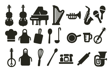 Obraz premium Silhouette of musical instruments and kitchen utensils on yellow background