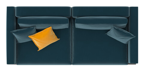 .A blue couch with yellow pillows on it.