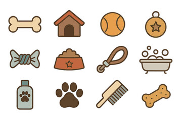 Cartoon pet supplies icons: toys, grooming, and more on brown background