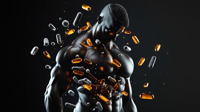 Boost muscle power with vitamin supplements.  This 3D rendering showcases the science behind fitness, highlighting bodybuilding capsules and their role in enhancing strength