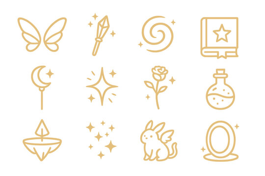 Set of magical symbols: butterfly, wand, spiral, book, moon, star, rose, potion, compass, stars, rabbit, mirror