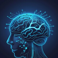 Obraz premium A futuristic digital representation of human intelligence connecting with neural networks and circuit-like pathways.