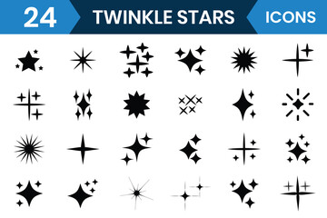Naklejka premium Twinkle star icon, vector set. Twinkle star icon symbols. Set of twinkling stars vector, icon. Twinkling spark, shining star, Set of twinkling star vector illustration. 