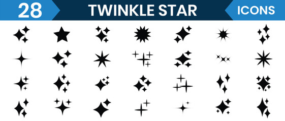  Set of twinkling stars vector, icon. Twinkle star icon, vector set. Minimalist twinkle star icon symbols. Twinkling spark, shining star, Set of twinkling star vector illustration.	