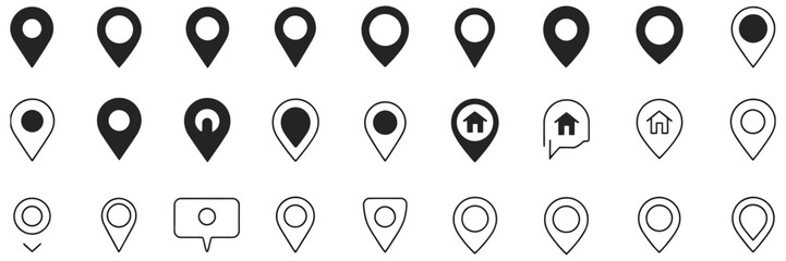 Location marker vector set with diverse map pins including standard, circular, house, and pushpin shapes for navigation


