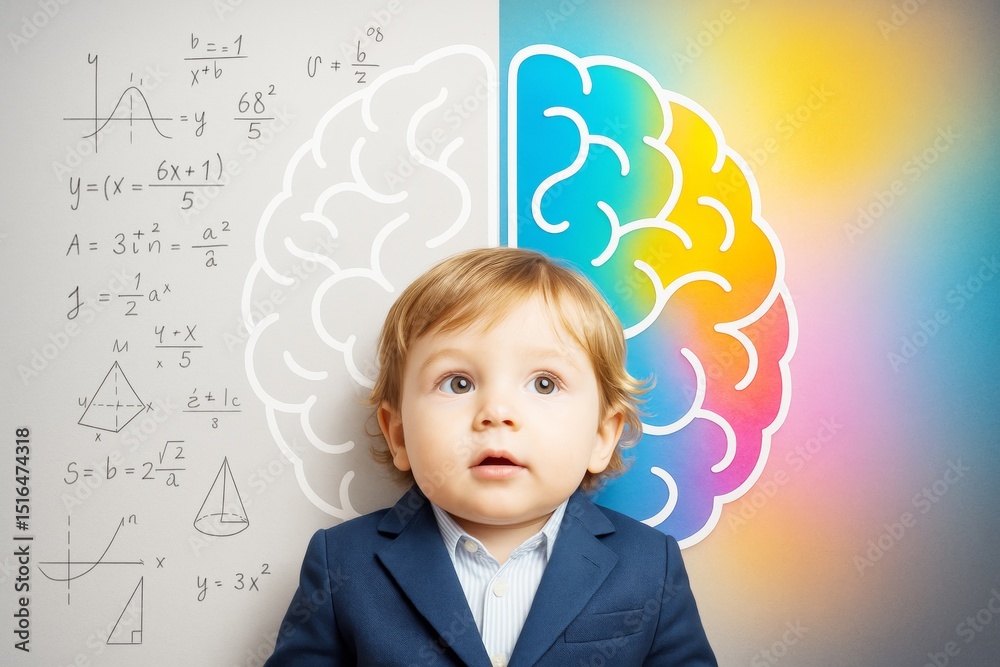 Poster Curious child in suit standing between scientific formulas and colorful brain illustration symbolizing logic and creativity balance concept.