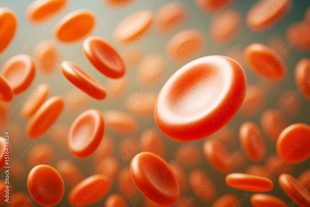 Aufkleber Close-up of realistic 3D red blood cells floating in soft light with scientific concept on gradient background. Ai generative.