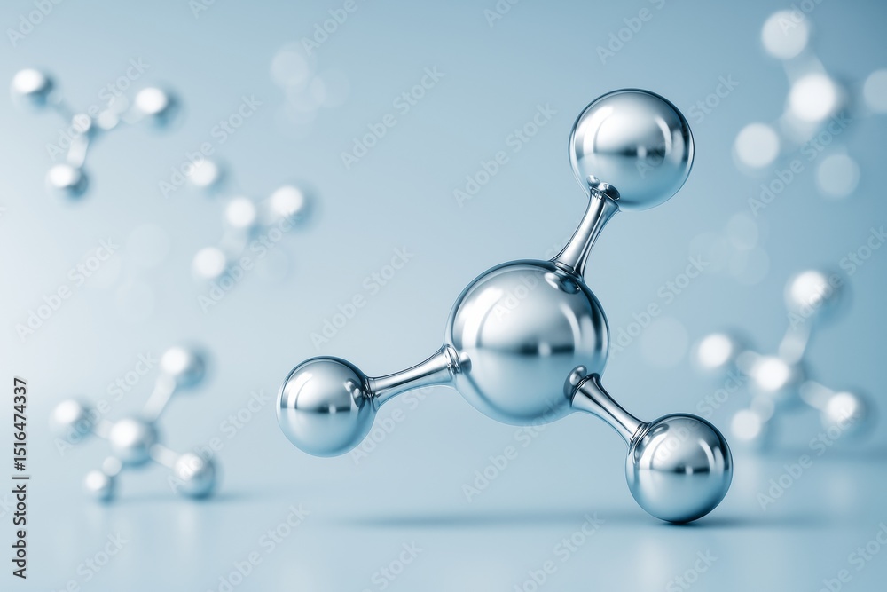 Poster Metallic molecular structure model with shiny silver atoms on soft blue background illustrating futuristic science and technology concept.