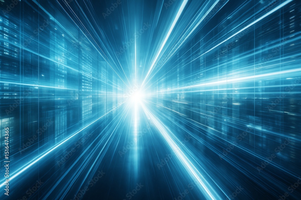 Aufkleber Futuristic light burst in digital data corridor with glowing blue rays and bright center on a sci-fi background concept of data transfer and science fiction.