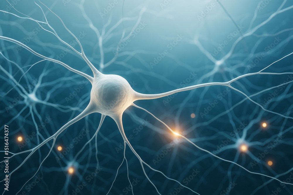 Poster Neuron cell structure with glowing synapses on abstract blue background, symbolizing brain activity and neural communication in science concept.