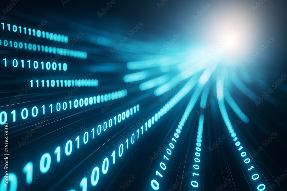 Aufkleber Binary code flowing through glowing blue digital streams on a dark background, symbolizing data transmission and futuristic technology concept.