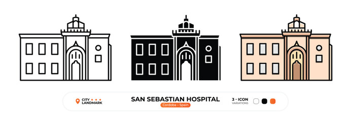 San Sebastian Hospital Line Icon, Cordoba, Spain Landmark, Silhouette, Color Vector, Editable Stroke.
