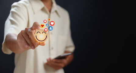 Customer Experience and Satisfaction Survey, Excellent Service Rating Concept, Man Holding Round Stick with Happy Smile Show Review Rating, Feedback or Satisfaction Evaluation of Business Quality