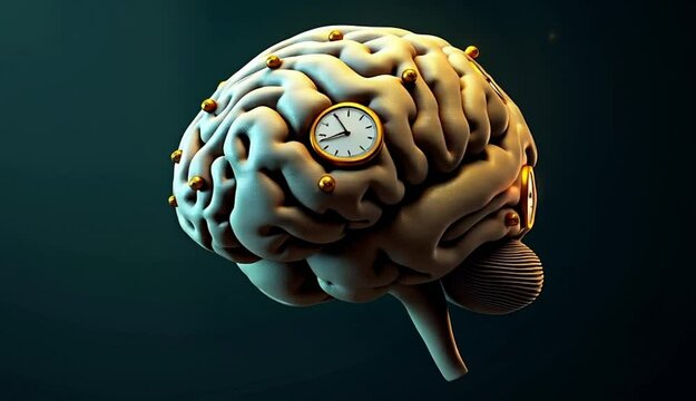 A surreal depiction of a brain with clocks symbolizing time and consciousness