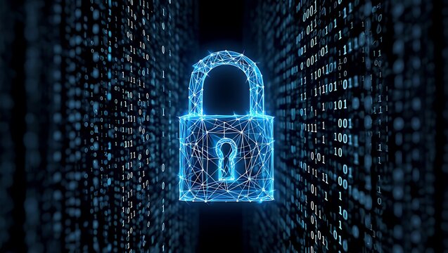 Cyber Security Digital Padlock With Binary Code Data Stream Backdrop